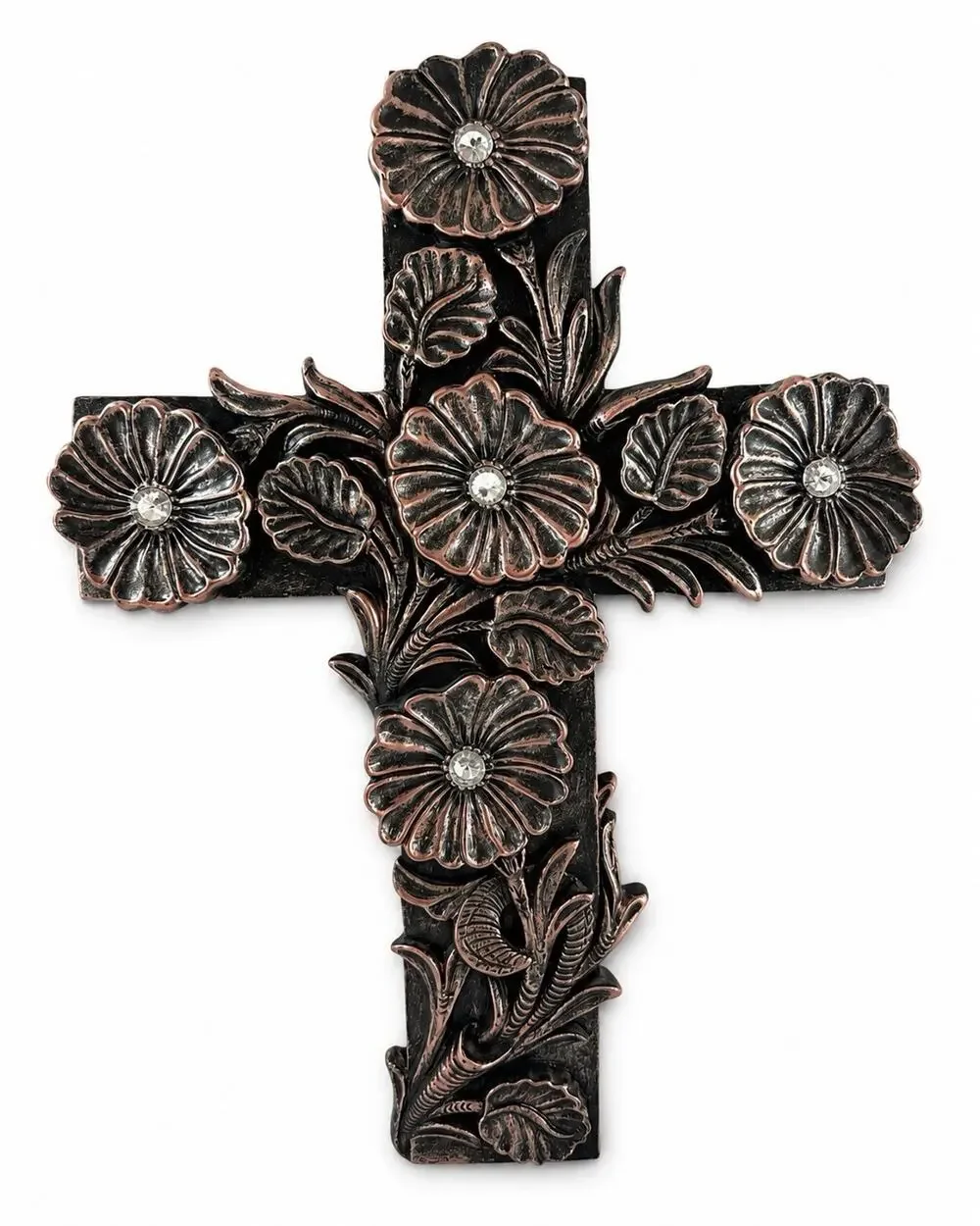Decorative Floral Wall Cross Heavy Resin Pink Metallic Rhinestone Accents 10x14